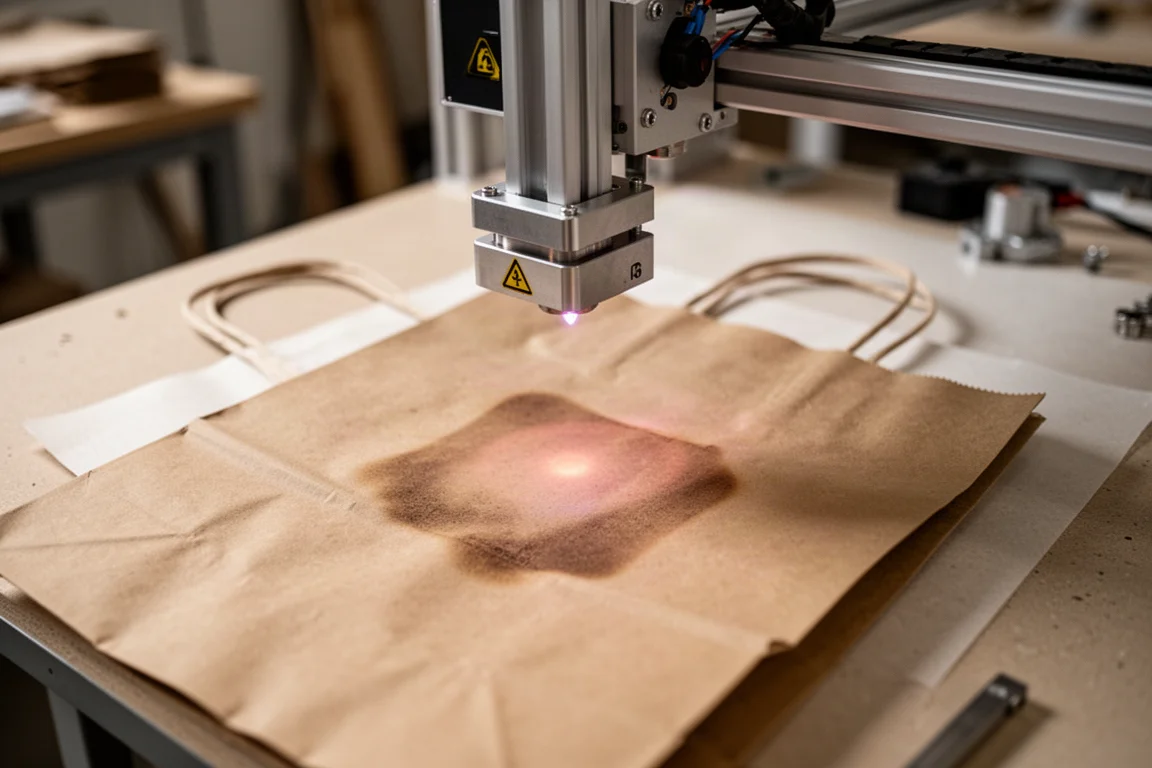 Close-up of a UV laser engraving a brown paper bag without burning it