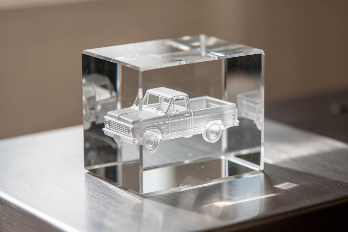 Internal 3D engraving of a classic car model inside a crystal cube