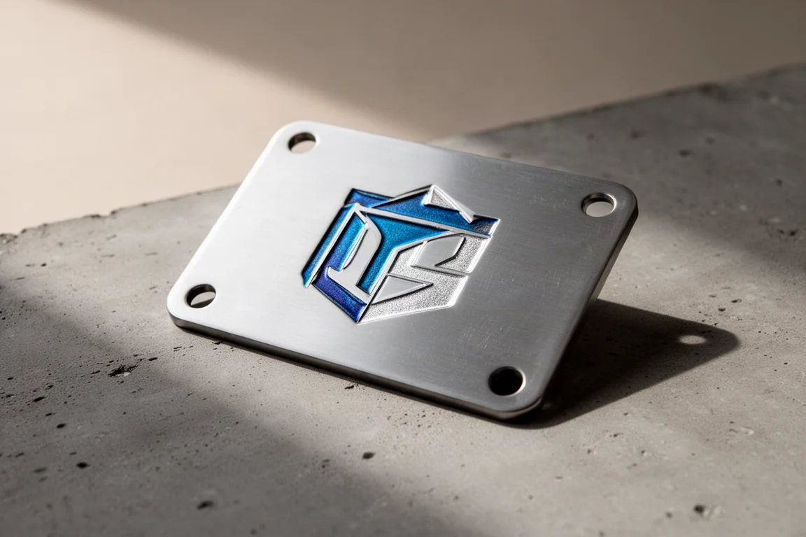 Color engraving on a titanium plate showing a two-tone logo