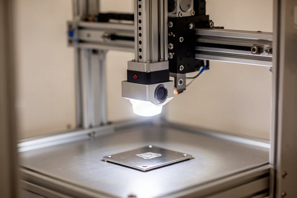 Close-up of the WeCreat Lumos Flex laser head with a bright work-area light illuminating a metal plate