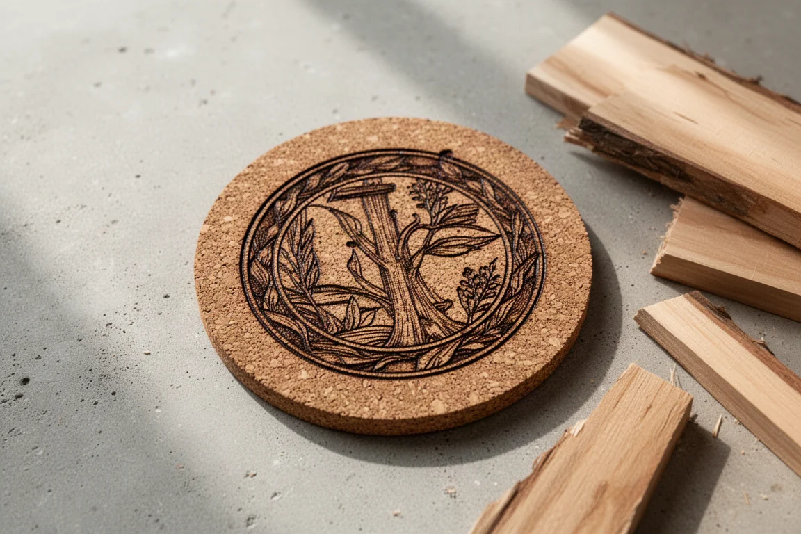 Wooden coaster with a detailed engraved design showing visible depth