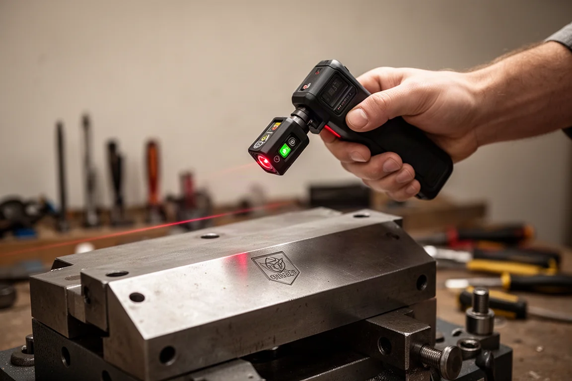 Handheld laser guide attached to the Lumos Flex unit being used to engrave a large metal press