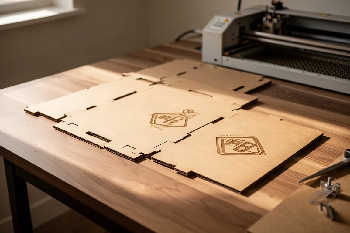 Slot and tab cardboard project pieces cut and engraved by a laser, laid out on a workbench