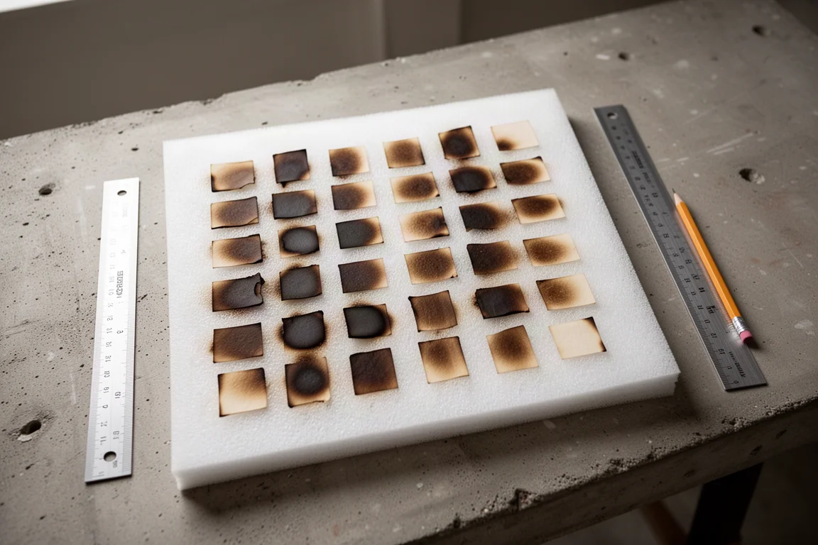 Test grid of laser-engraved power and speed settings burned into a foam sheet