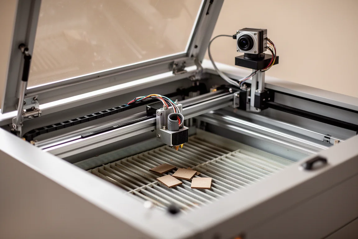 Inside view of an enclosed laser cutter with metal rails, exhaust port, and honeycomb bed
