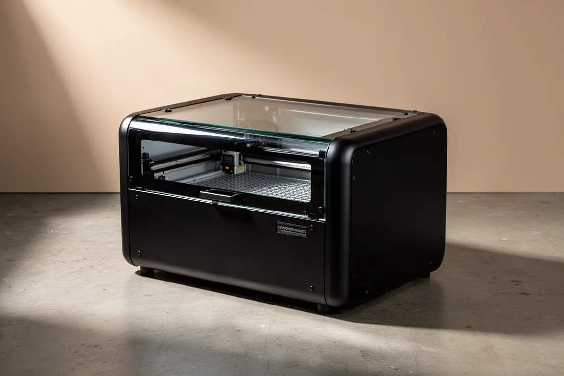 WeCreate Vision, volledig gesloten desktoplasercutter, op de vloer van een werkplaats