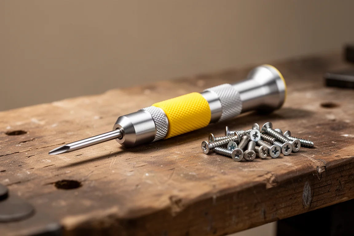 Small precision screwdriver with yellow knurled grip resting on a workbench beside tiny electronics screws