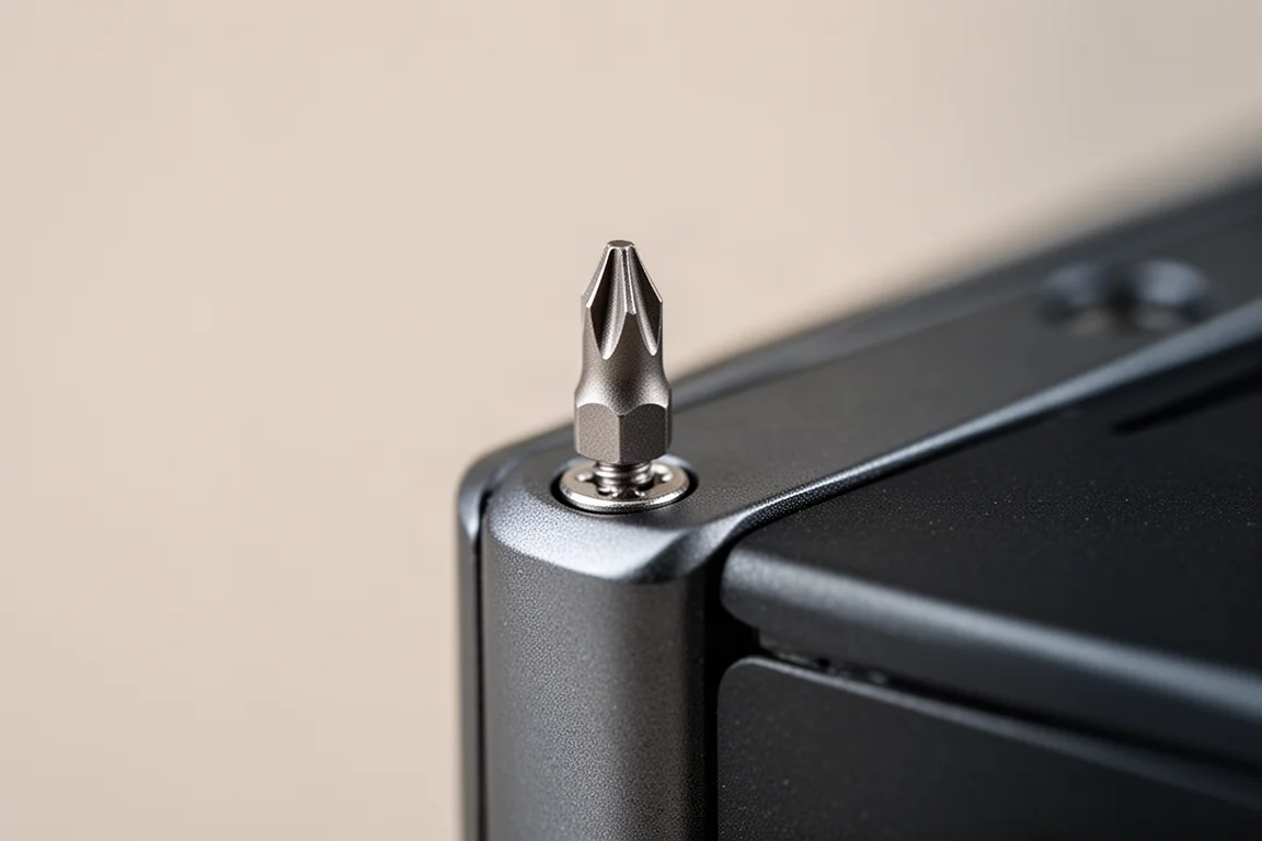 Close-up of a pentalobe bit tip aligning with a tiny device screw