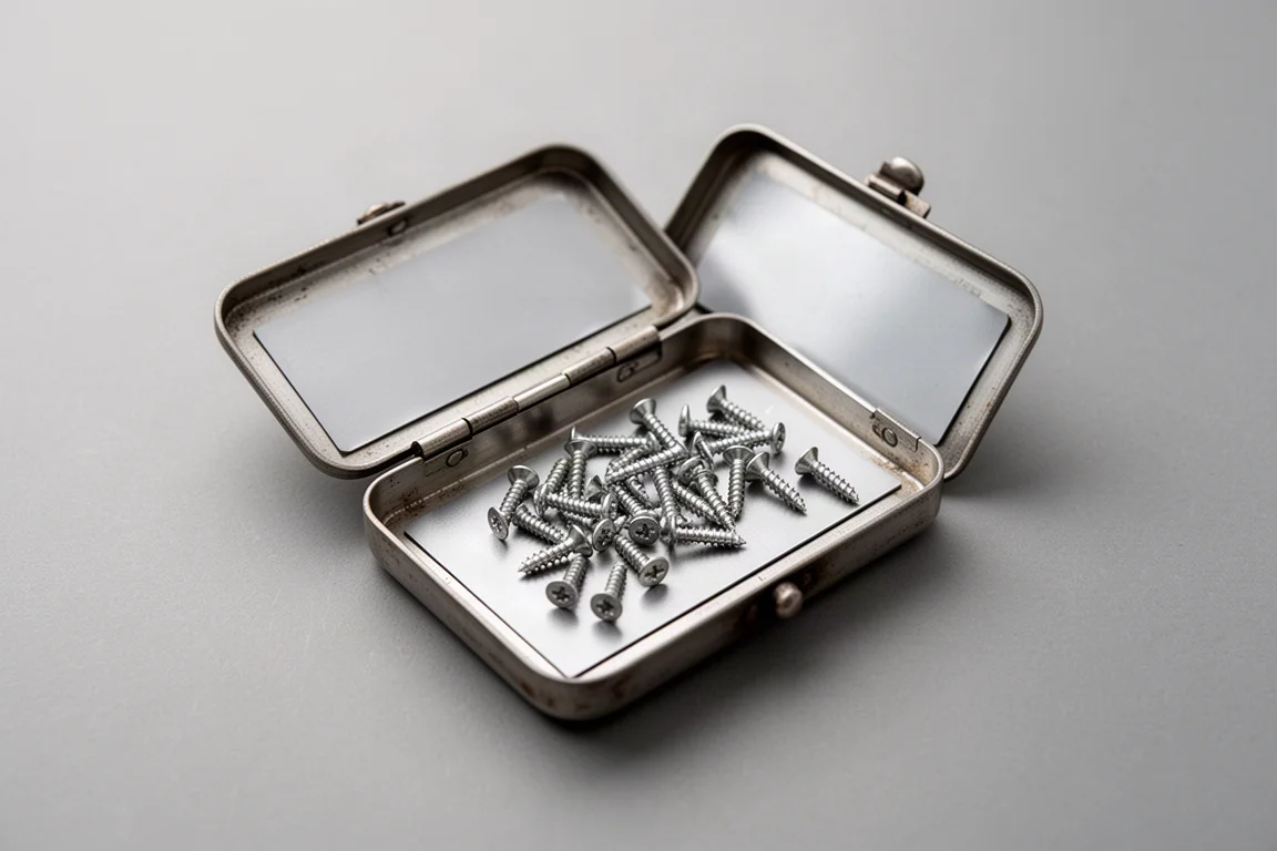 Open metal bit case with lid acting as a magnetic tray holding small screws