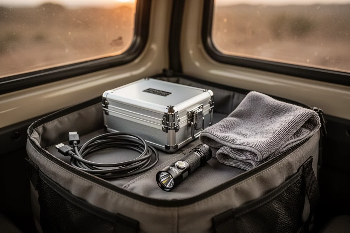 Compact tool kit packed inside an overlanding travel case alongside cables and a flashlight