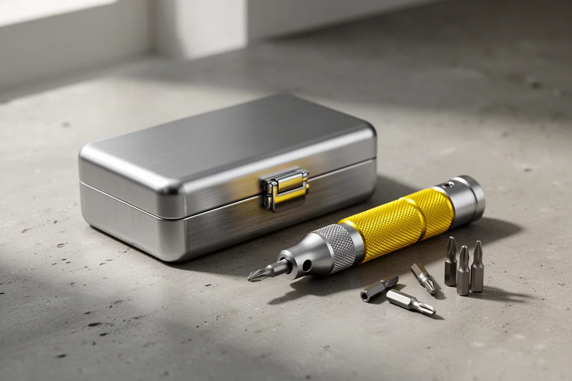Compact metal bit case and precision screwdriver with yellow grip on concrete surface