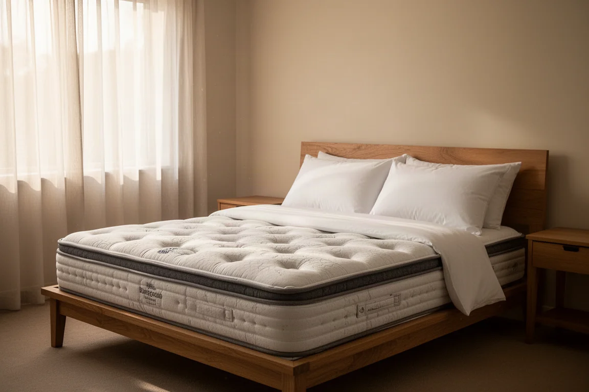 Aufgeräumtes Schlafzimmer mit einer weichen Pillow-Top-Matratze im sanften Morgenlicht