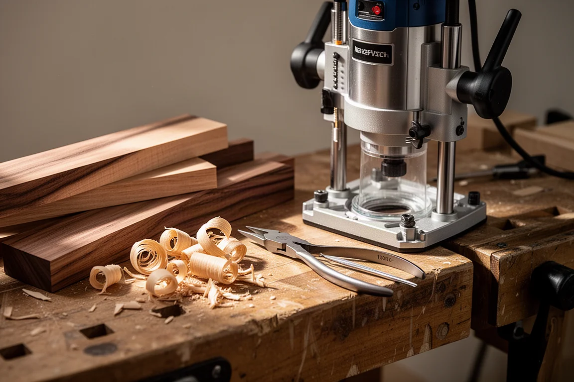 Werkbank mit Zangen, Fräse und Holzspänen