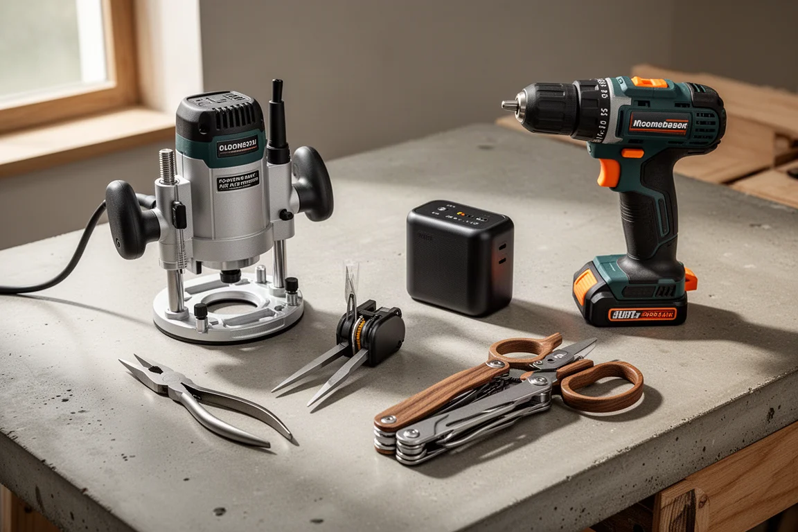 Flat-lay of tools and home products on a concrete workshop surface