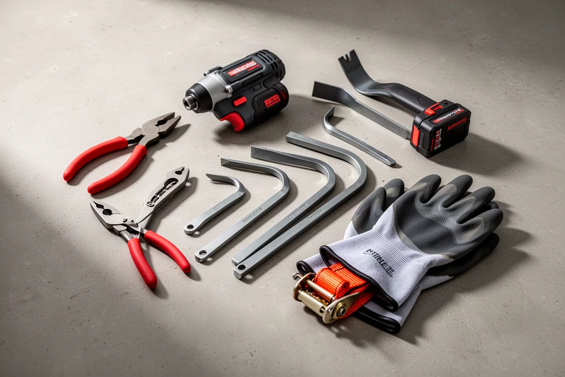 Flat-lay of pliers, impact driver, pry bars, and work gloves on concrete