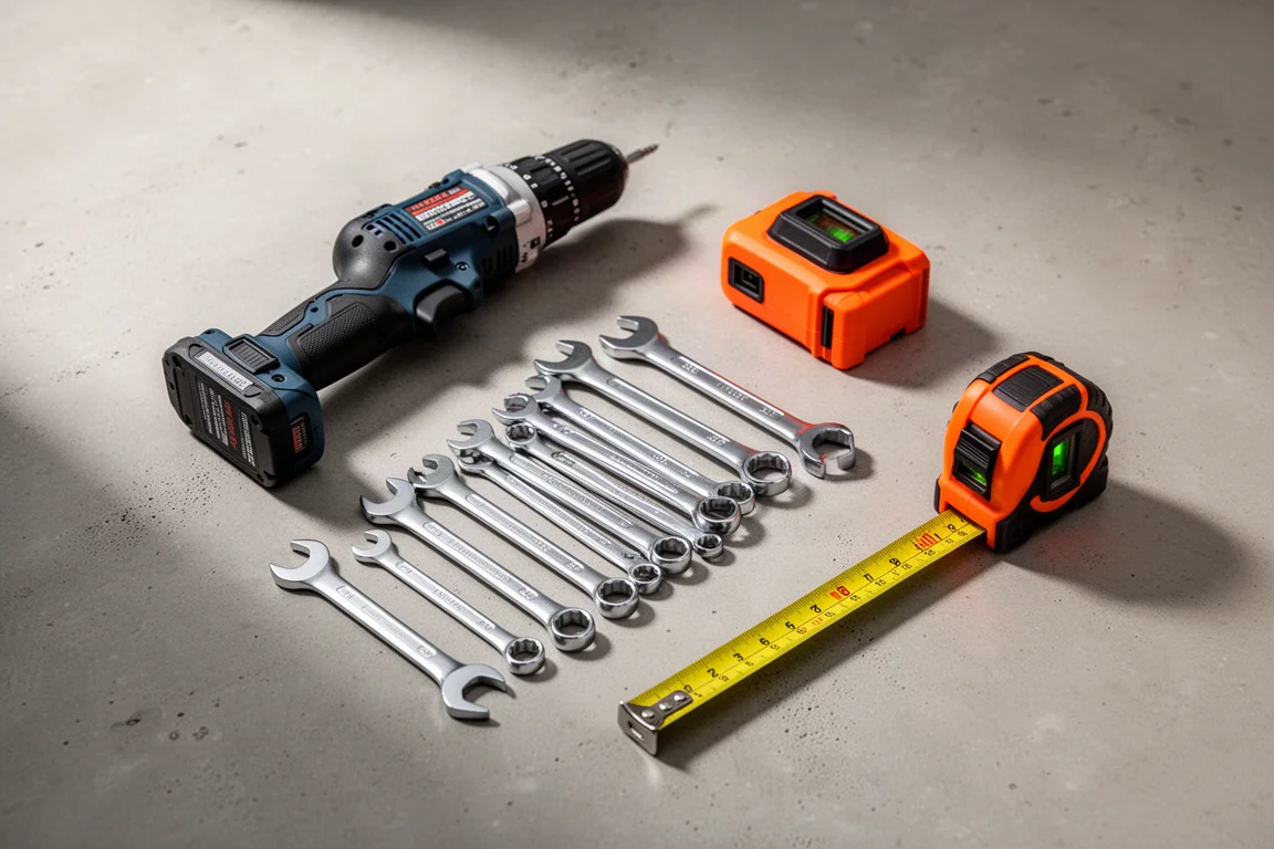 Assorted workshop tools including a rotary tool, drill, and pliers on a concrete surface