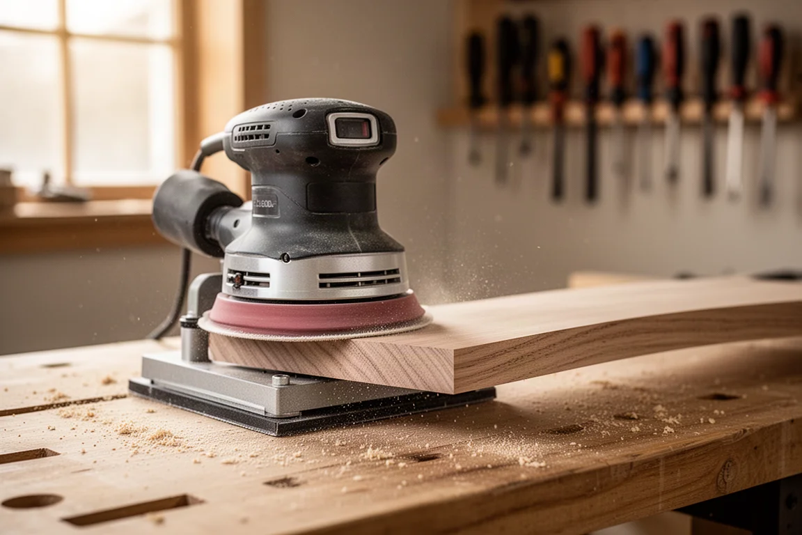 Lijadora de banda y husillo oscilante alisando un borde curvo de madera en un taller casero