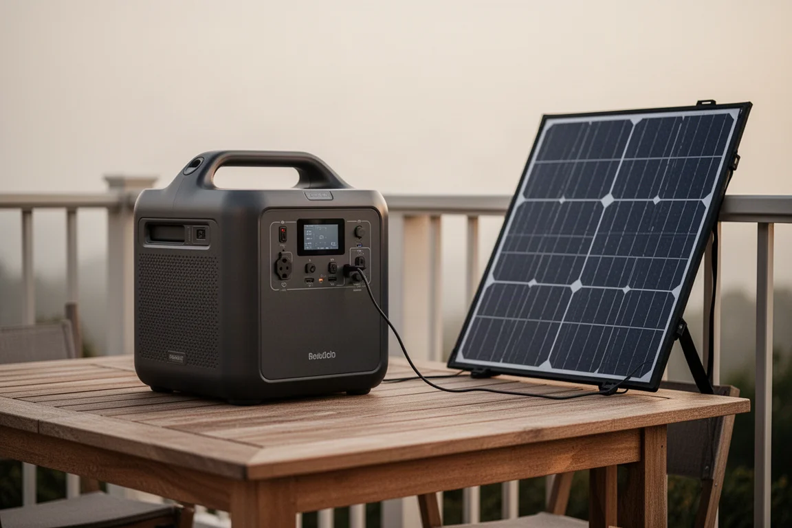 Estación de energía EcoFlow Delta 2 Max cargándose en un patio junto a paneles solares