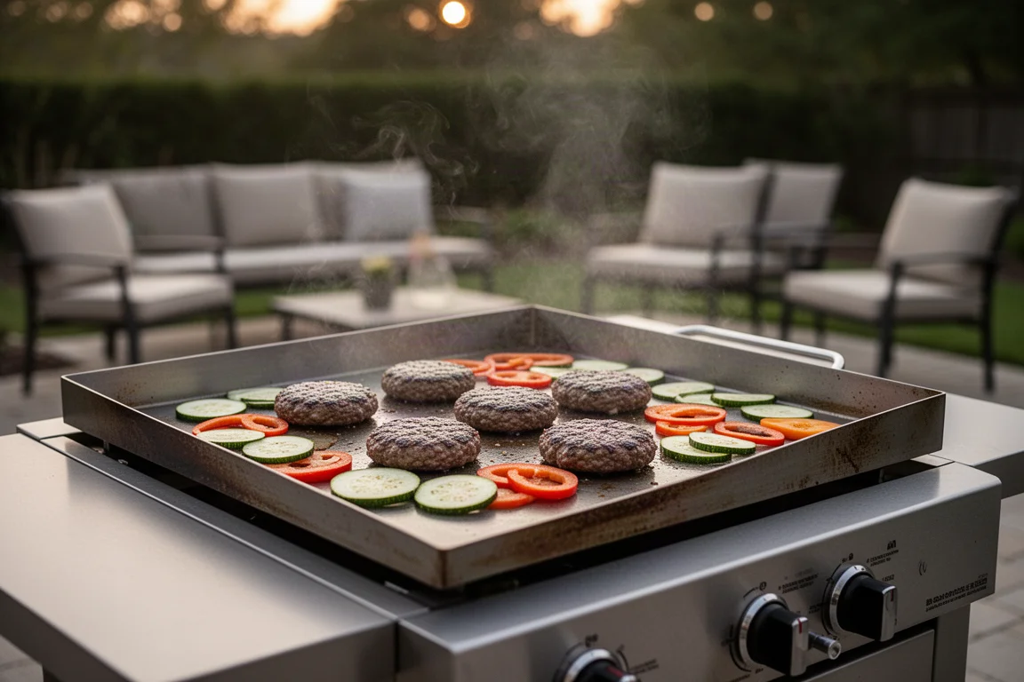 Plancha plana cocinando hamburguesas y verduras en un patio trasero