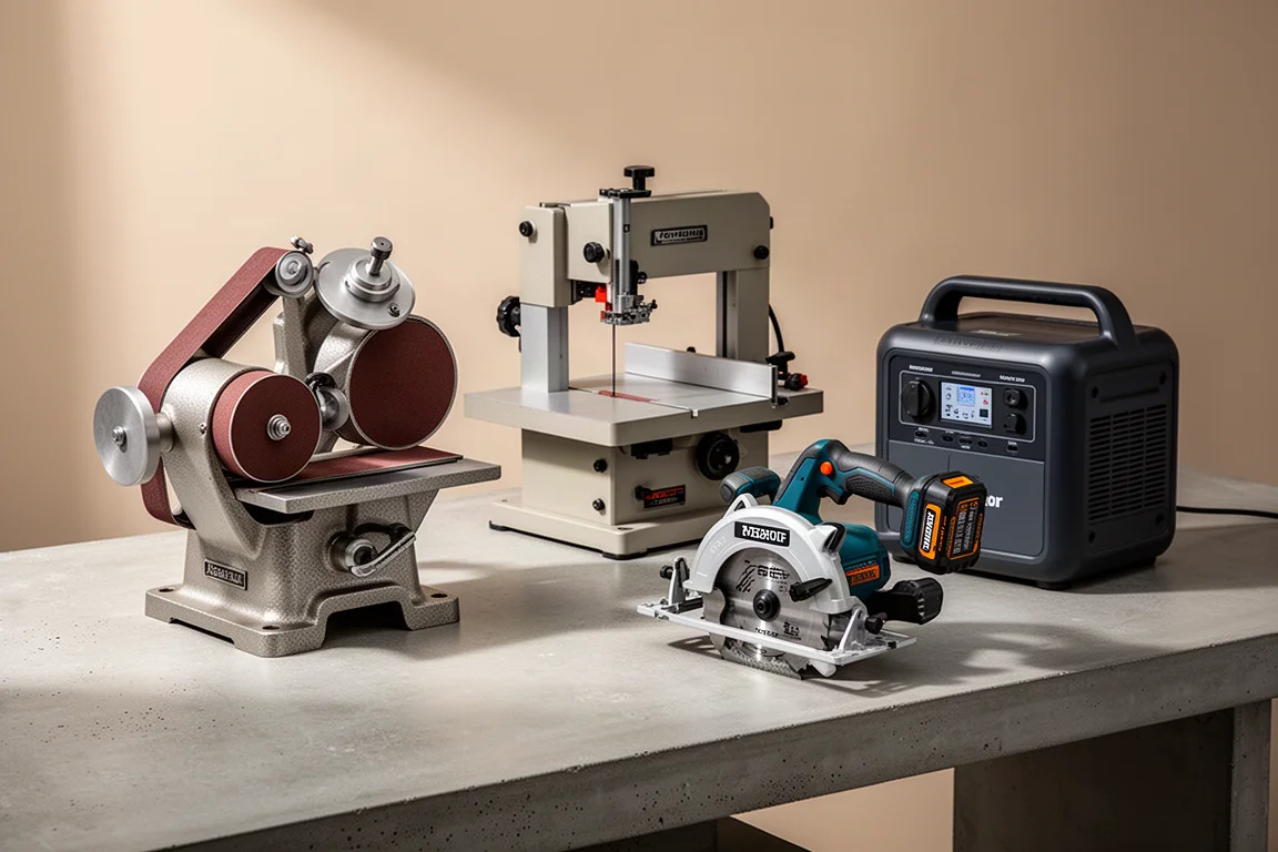 Workshop tools including a benchtop sander, bandsaw, cordless saw and power station on concrete