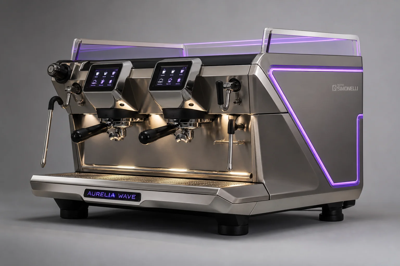 Three espresso machines: Rocket Boxer, Sanremo Zoe, and Wega Polaris on grey surface