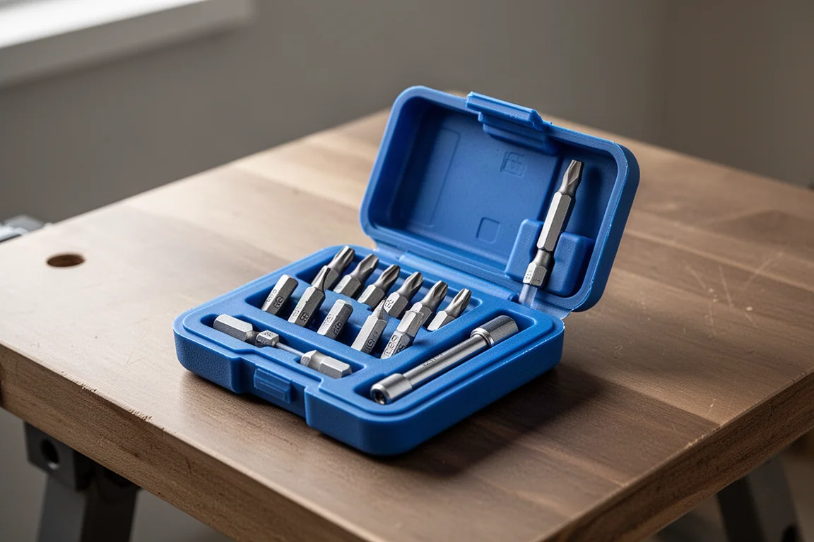 Custodia pieghevole blu aperta con sette punte da un quarto di pollice e un sottile portapunte magnetico