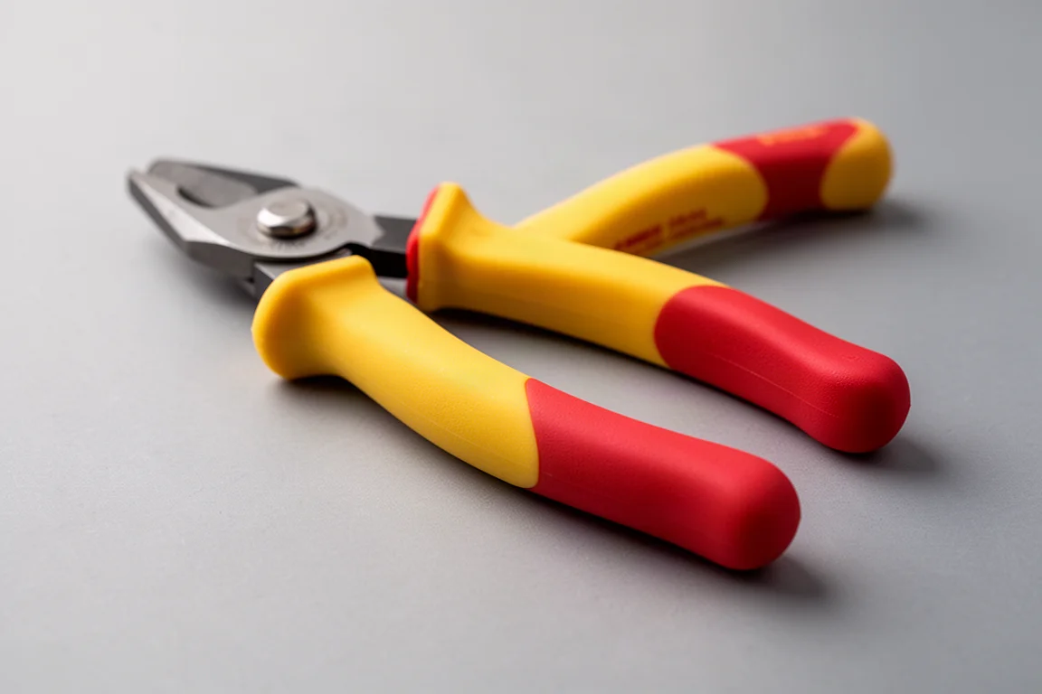 Isolierte Werkzeuggriffe mit Pflegehinweisen auf einer Werkstattfläche