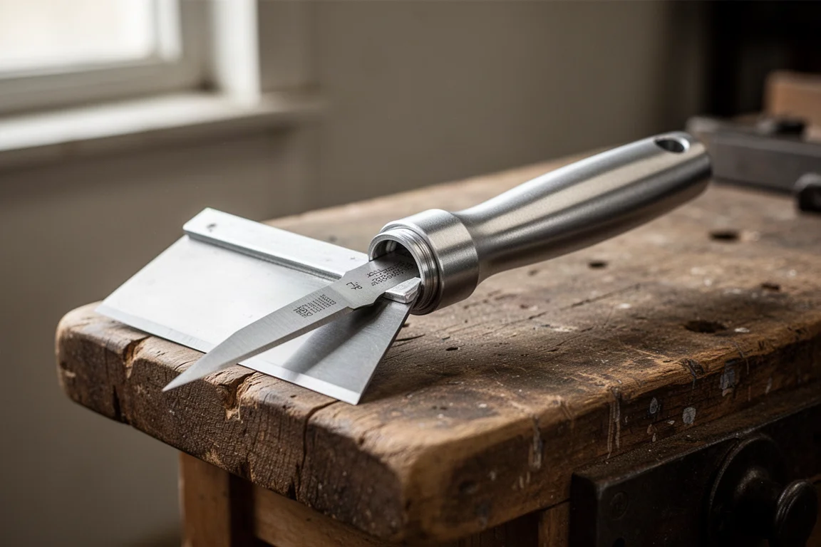 Metal scraper handle with aluminum collar on a workbench