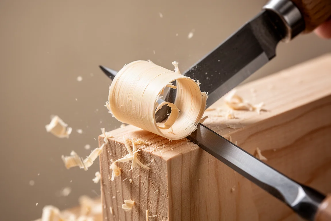 Blade carving into a piece of wood with fine shavings