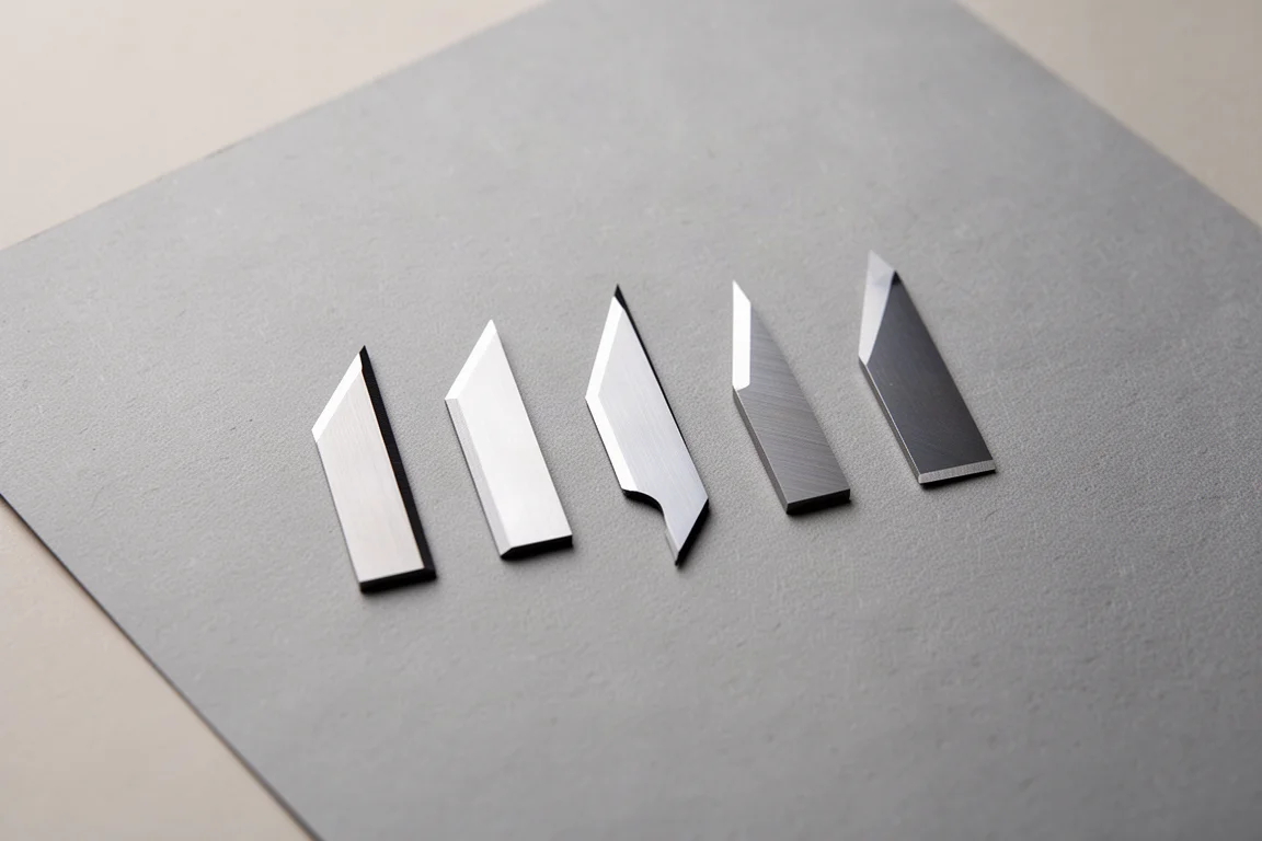 Small replacement blades laid out in a row on grey paper