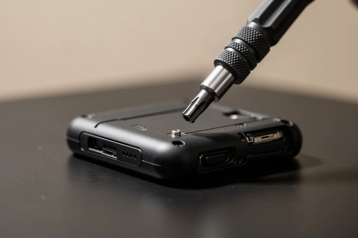 Torx driver engaging a tiny screw on an electronic device