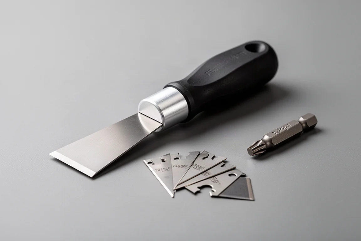 Manico scraper Weha, lame di ricambio e cacciavite Torx su una superficie da officina grigia