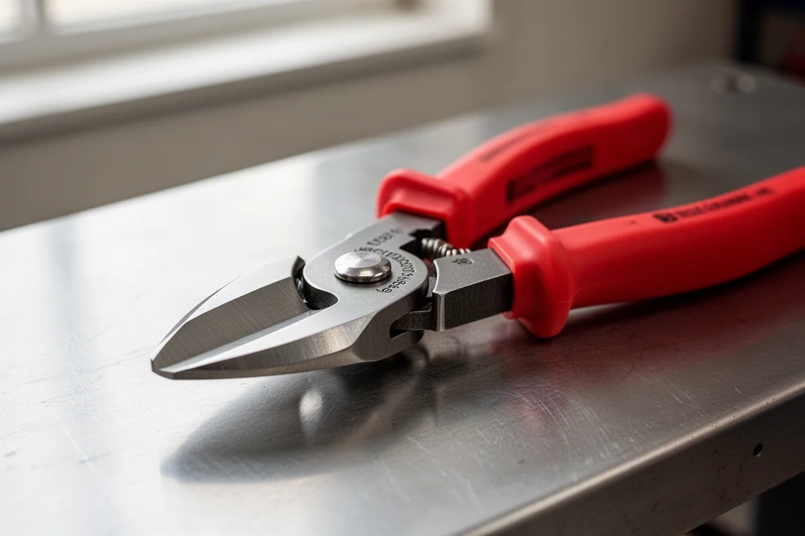 Close-up of the bent nose and large cutting knives of the Weha Tri Cut tool