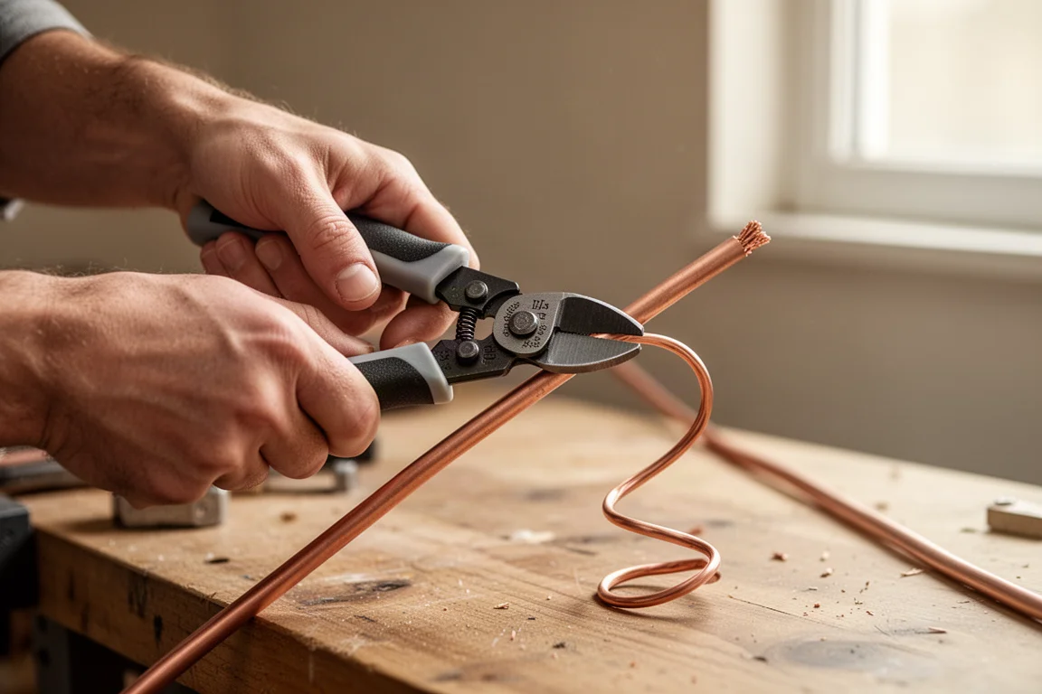 Hands stripping 12 gauge copper wire with the Tri Cut tool at an angle