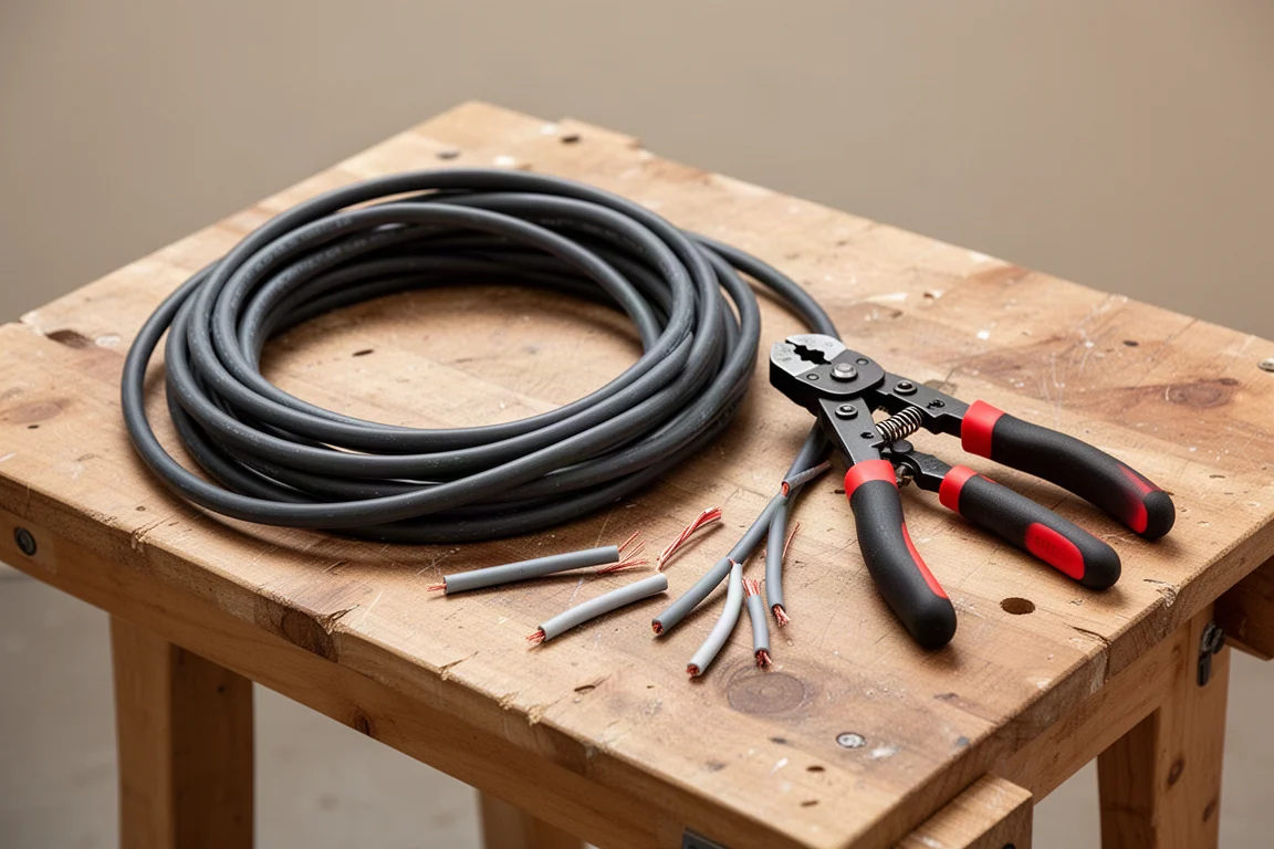 Workbench scene with the Tri Cut tool beside an electrical cable being prepared