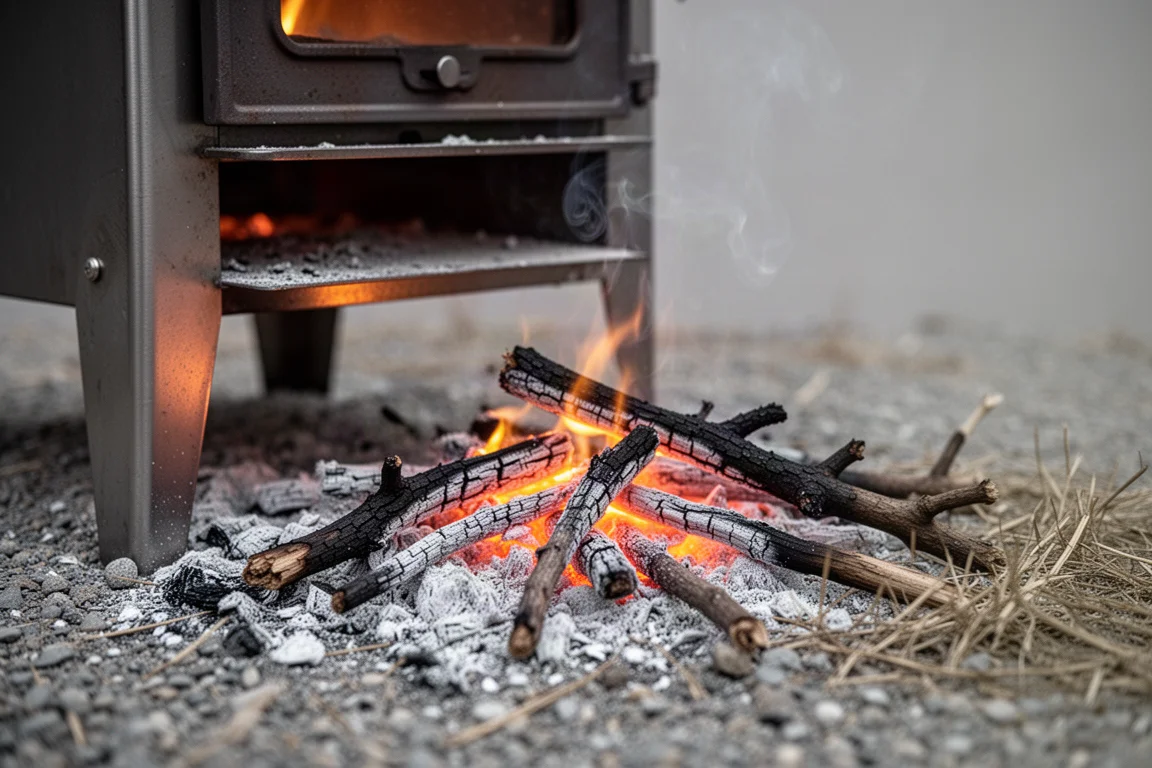 Erba secca bruciacchiata e aghi di pino con frammenti di legno carbonizzato sul terreno