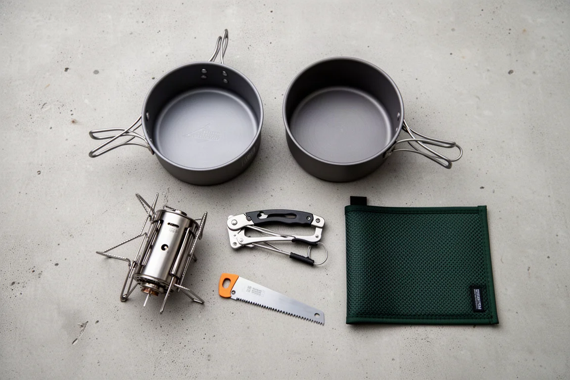 Kit da cucina da campeggio disteso con pentola, accetta, accendifuoco e custodia del fornello piegato