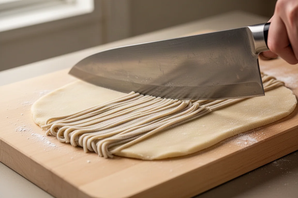 Frische Soba-Nudeln werden mit einem breiten, flachen Messer auf einem Holzbrett geschnitten