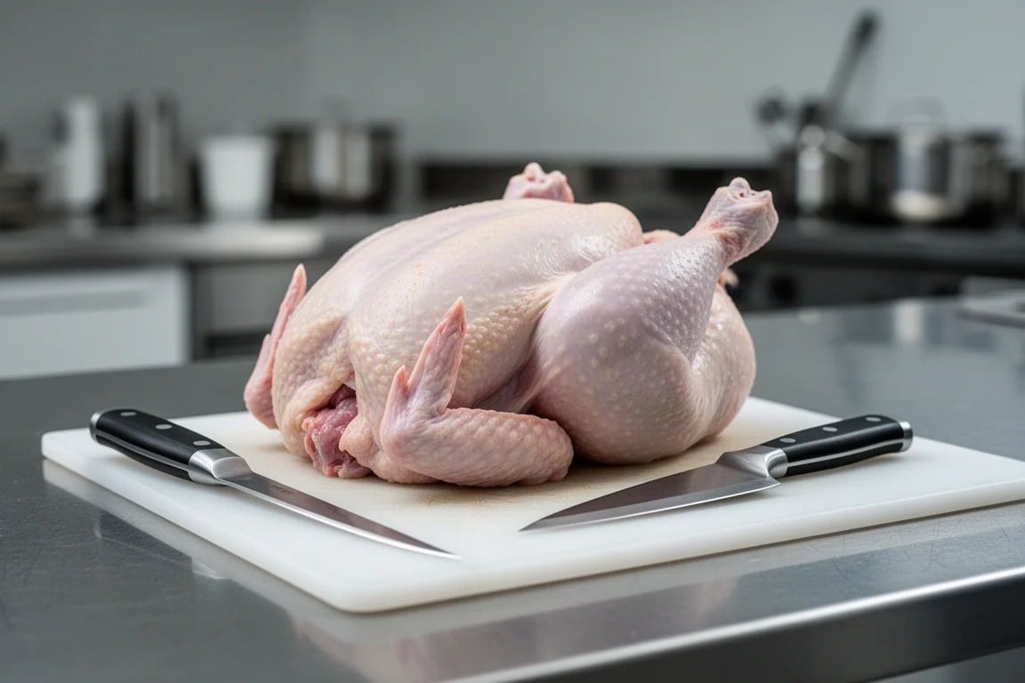 Metzger zerlegt ein Hähnchen auf einem Edelstahl-Vorbereitungstisch