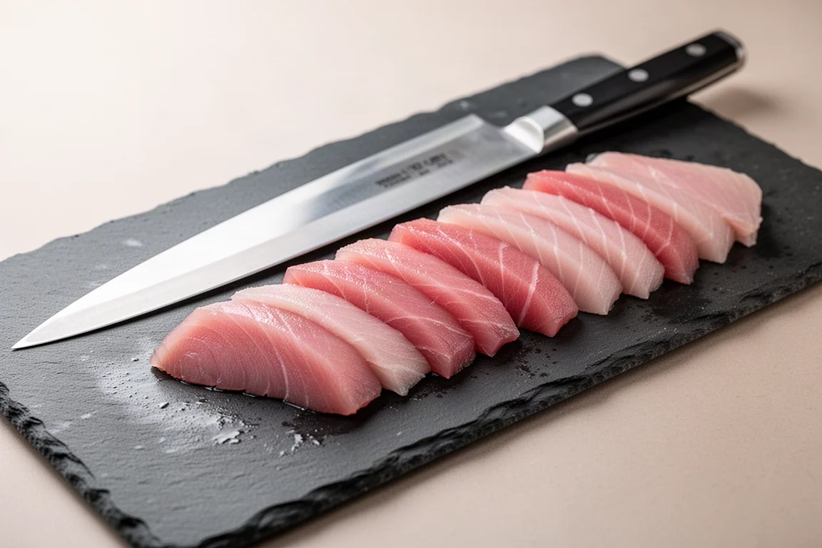 Sushi-Koch schneidet Sashimi an einem Vorbereitungsplatz
