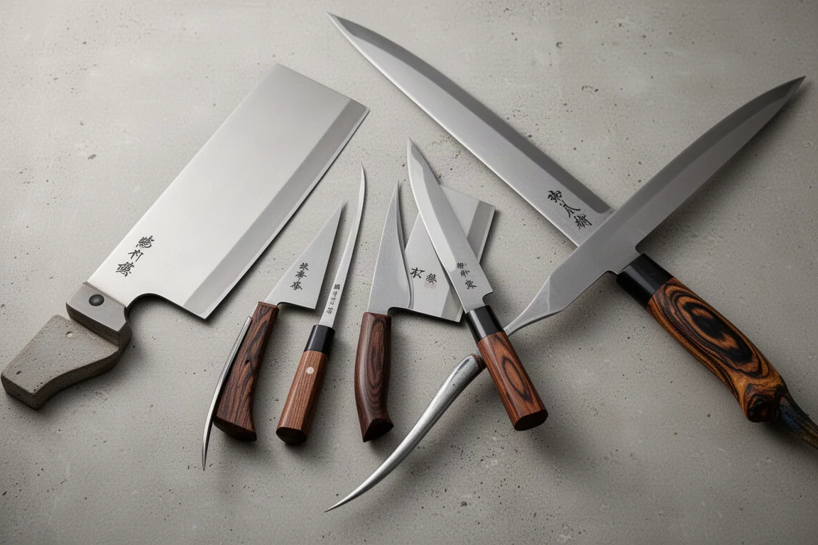 Six unusual Japanese kitchen knives arranged on a concrete surface