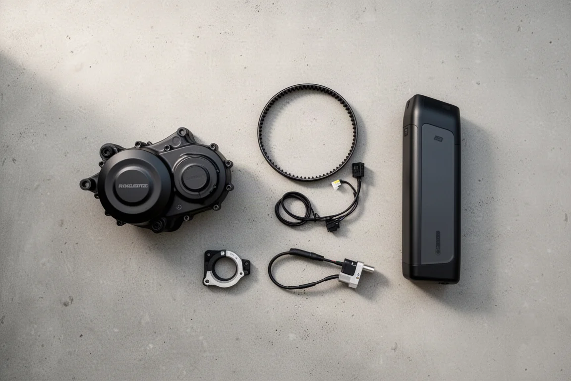 Overhead flat lay of e-bike motor, battery, and belt drive parts on concrete