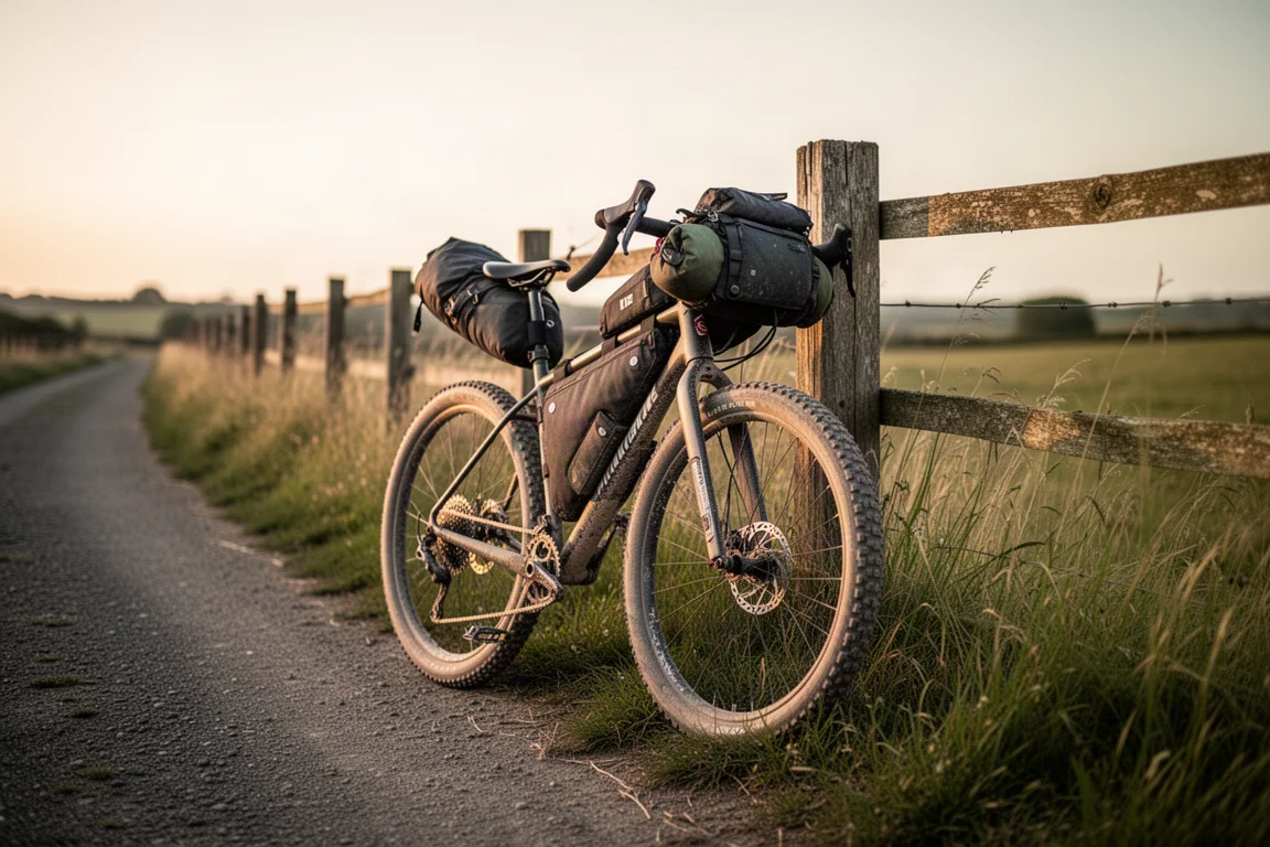 Loaded gravel bike with bikepacking bags on a country track at golden hour