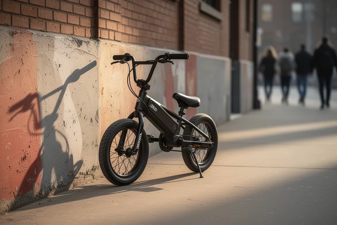 Compact BMX-style electric bike parked by a city wall in afternoon light