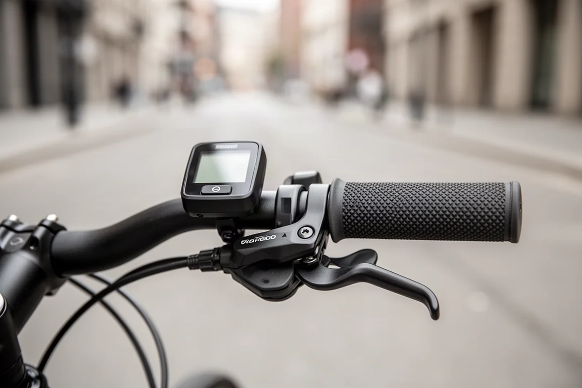 Close-up of an e-bike handlebar display and brake lever on a city street