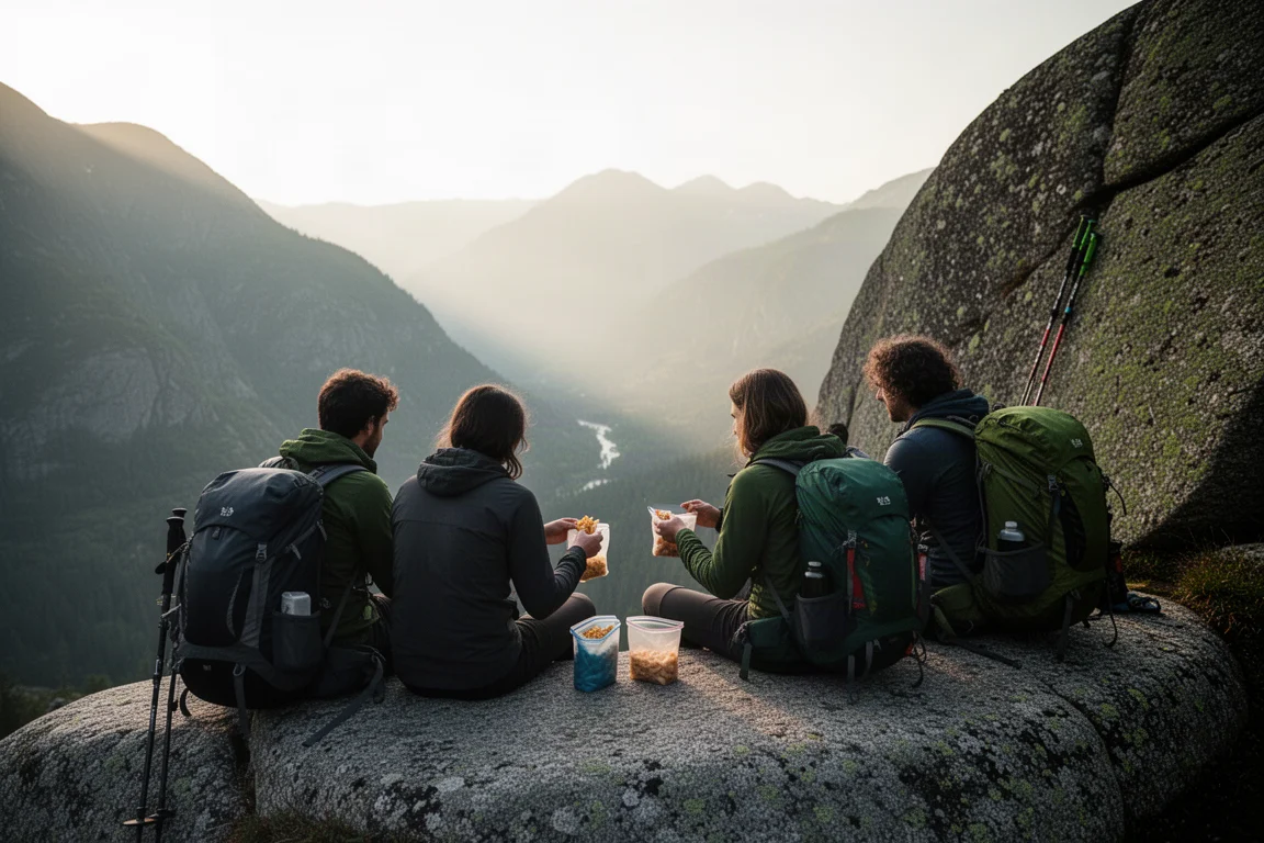 Mochileiros dividindo lanches de trilha numa laje de granito acima de um vale na montanha