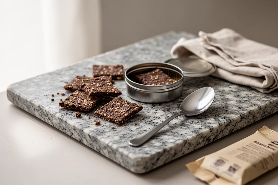 Biscoitos com sementes e uma lata aberta sobre uma laje de granito num almoço de acampamento