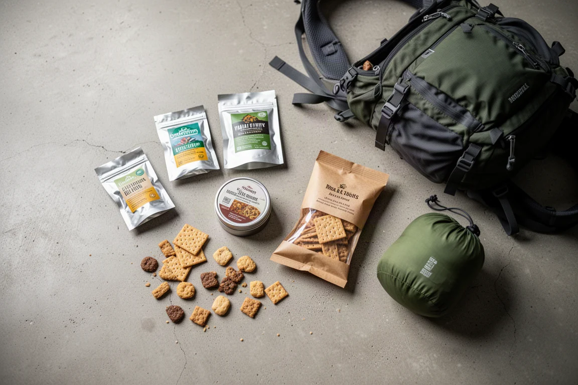 Vista de cima de alimentos embalados para trilha ao lado de uma mochila de caminhada aberta