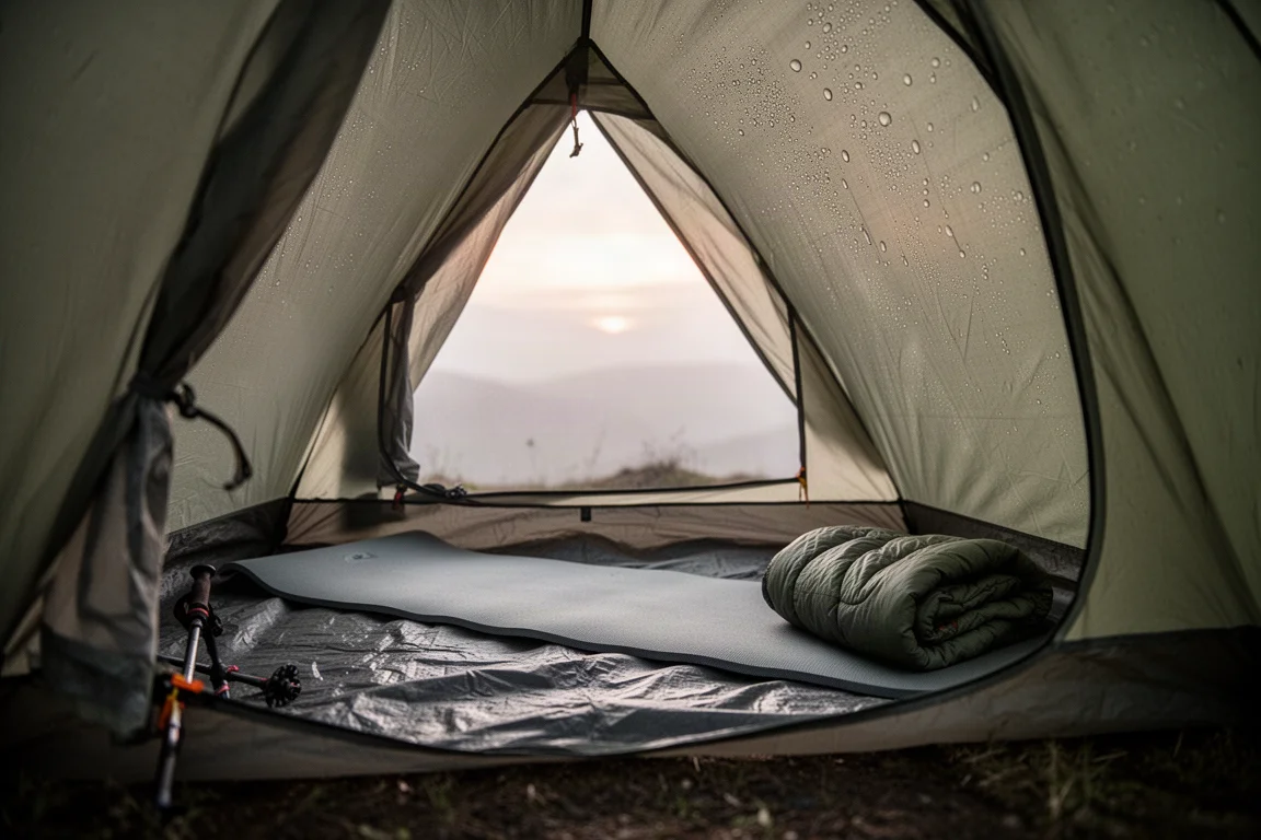 Intérieur d'une petite tente avec bâtons de randonnée à l'aube, un fin matelas de sol au sol