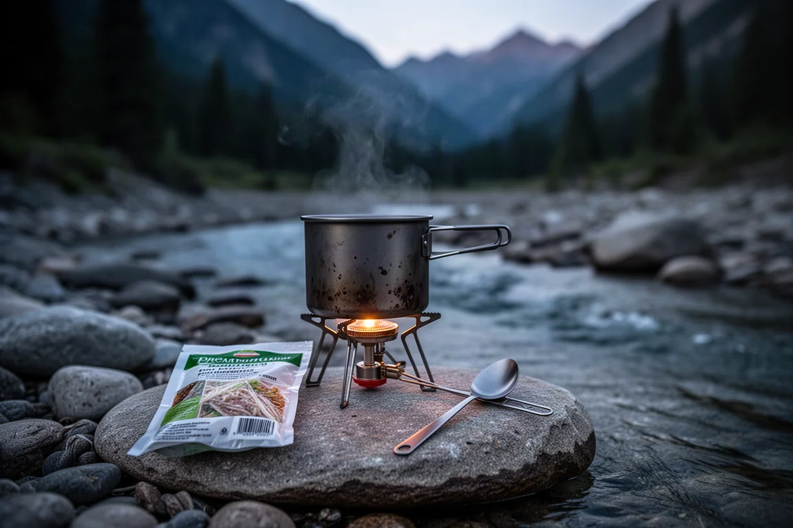 Réchaud de camping et popote en titane fumants sur un rocher au bord d'un ruisseau au crépuscule